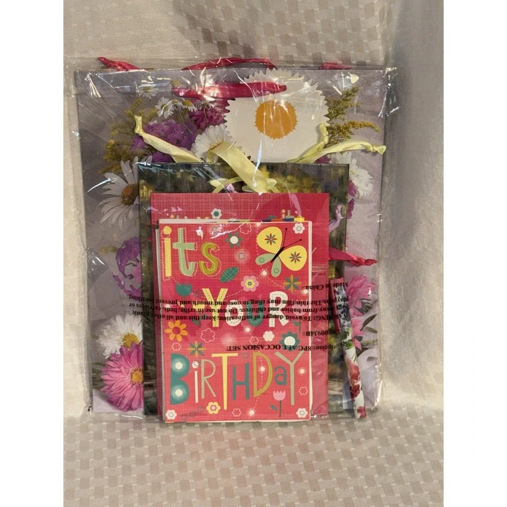 Gem Stone 13 PC Pink Floral Birthday Cards Gift Bags Tissue Pen Set